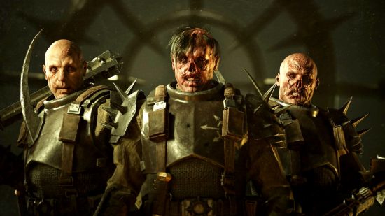 Warhammer 40K Darktide enemies: Three members of the traitorous Moebian Sixth regiment of Imperial Guards, all with severe facial injuries
