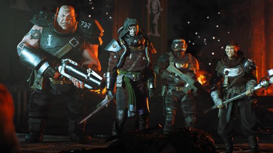 Warhammer 40k: Darktide pre-order: a motley crew of four heroes, including a large ogryn with a grenade launcher and a masked imperial guardsman, ready their weapons in Warhammer 40k: Darktide