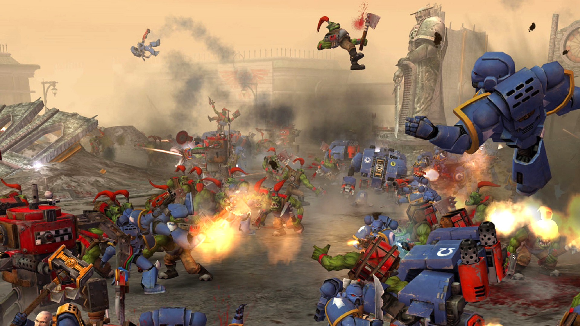 Space Marines and Orks Botsing in Warhammer 40K Game Dawn of War