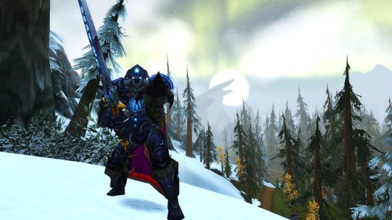 WoW Classic changes to Wrath of the Lich King: An ominous, caped figure holds a massive sword emblazoned with runes on a snowy mountainside