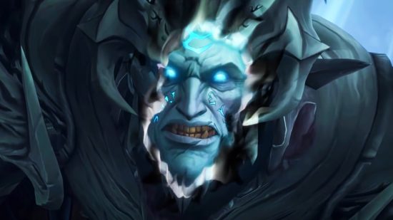 World of Warcraft jailer nerfed: The Jailer's helmet burns away from his blue, scarred face in World of Warcraft: Shadowlands Sepulcher of the First Ones raid.