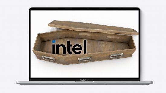 An Apple Mac features a coffin on screen with the Intel logo sitting inside