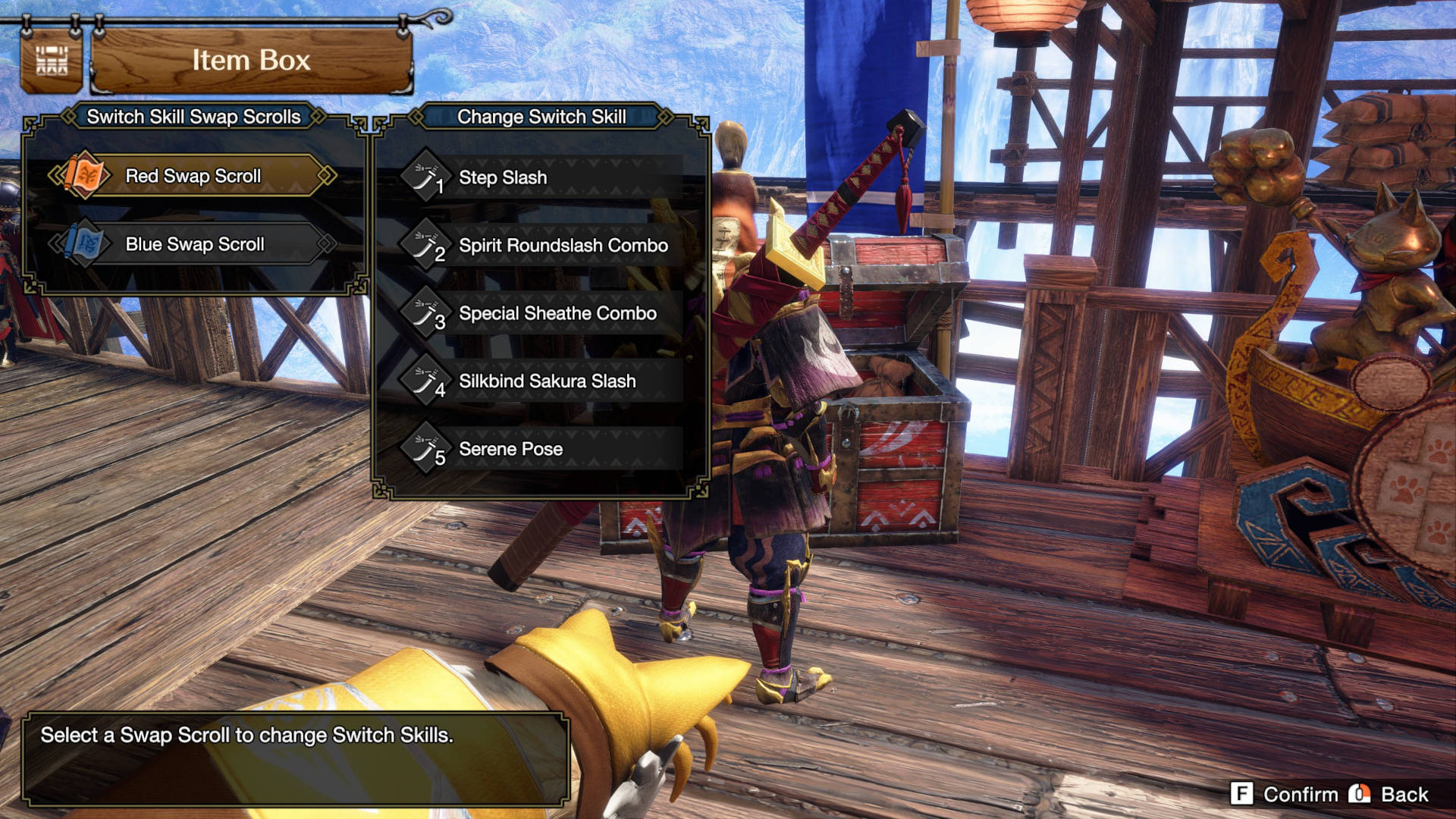 Best Monster Hunter Rise Sunbreak Longsword build: the Switch Skill swap scrolls menu.