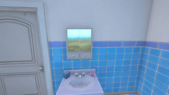 Fortnite coolest player: a mirrored cabinet above a sink in a white bathroom with blue square tiles.