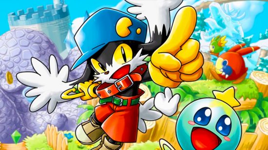 Klonoa system requirements: Artwork for the remastered collection with main cat character centre and Huepow companion on right