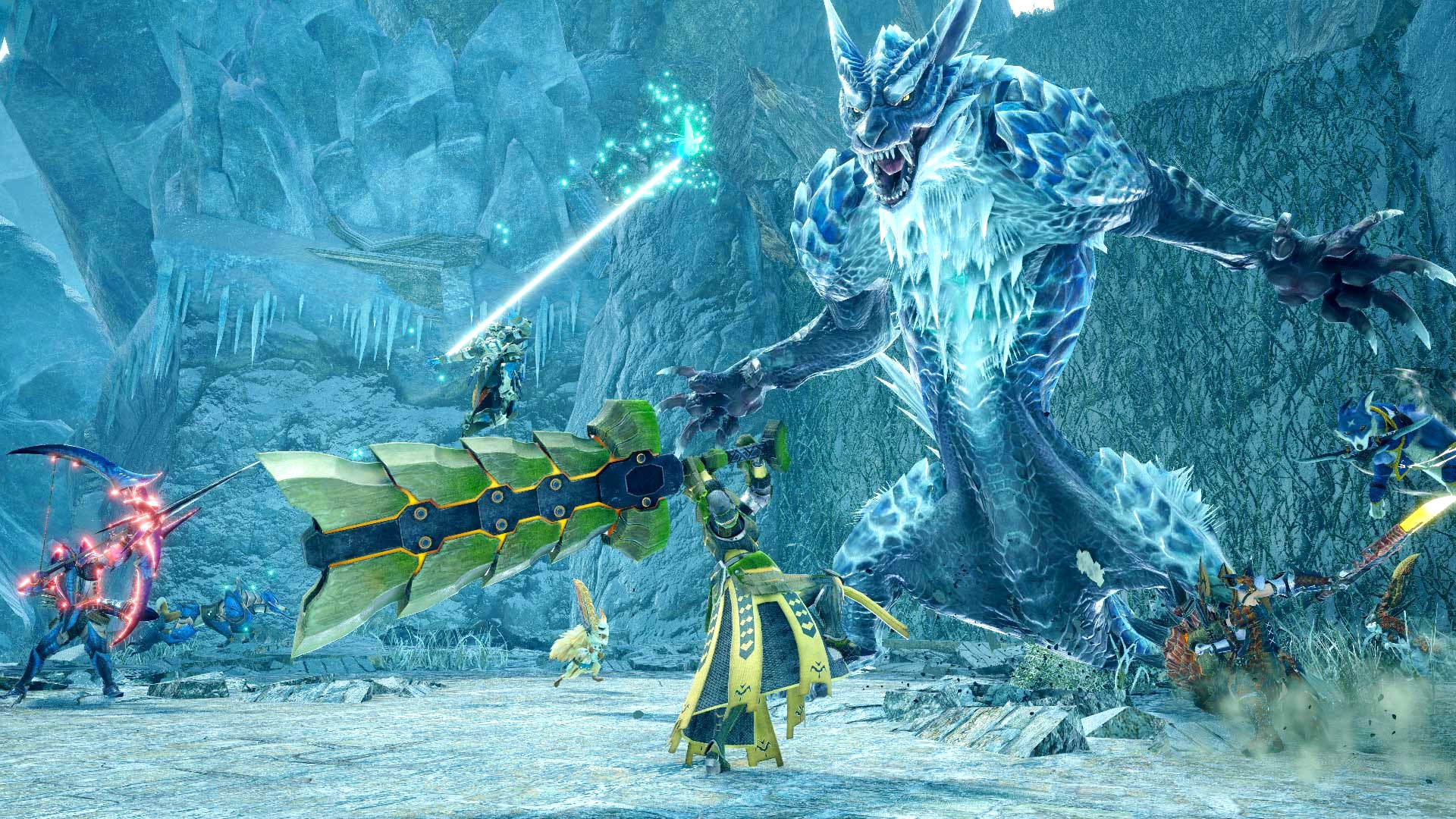 Monster Hunter Rise: several hunters and their pets are fighting against a giant ice wolf in a frozen area.