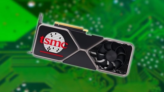 The TSMC logo on an Nvidia RTX 3080 graphics card, with a green motherboard background