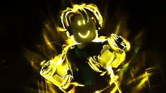 A neon yellow Roblox avatar lifts weights on a black background in a teaster for Muscle Legends.