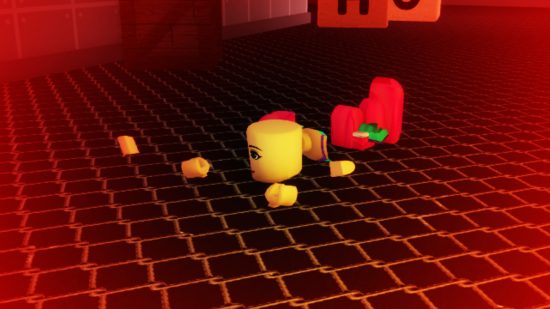 A Roblox avatar that has encountered misfortune waits rests in pieces.