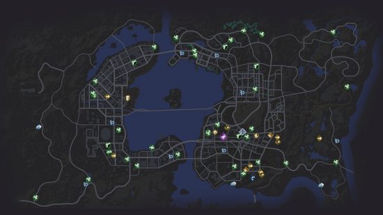 Peta Saints Row dalam game, menampilkan seluruh peta dalam satu gambar