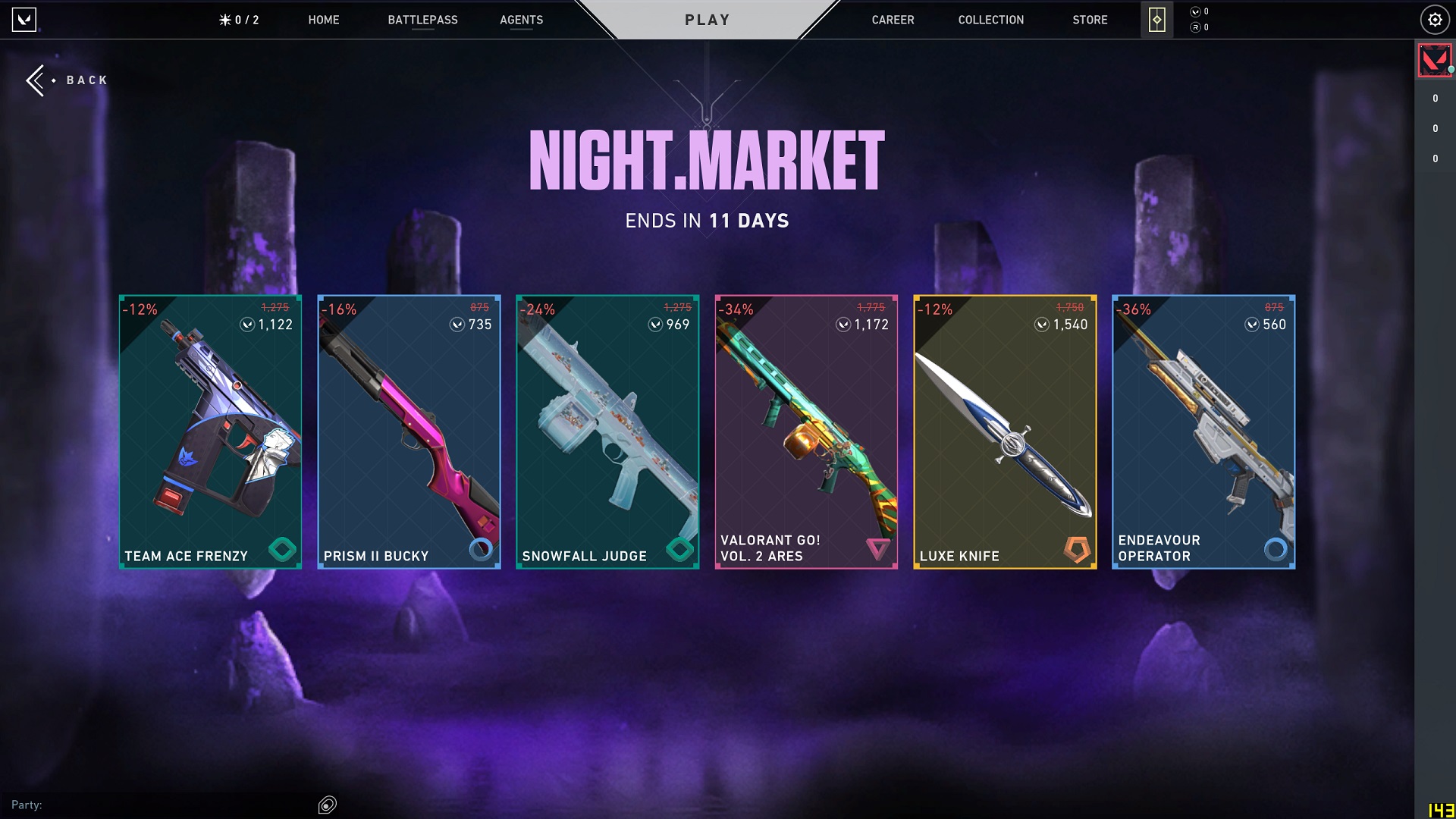 A selection of six random weapon skins from a Valorant night market
