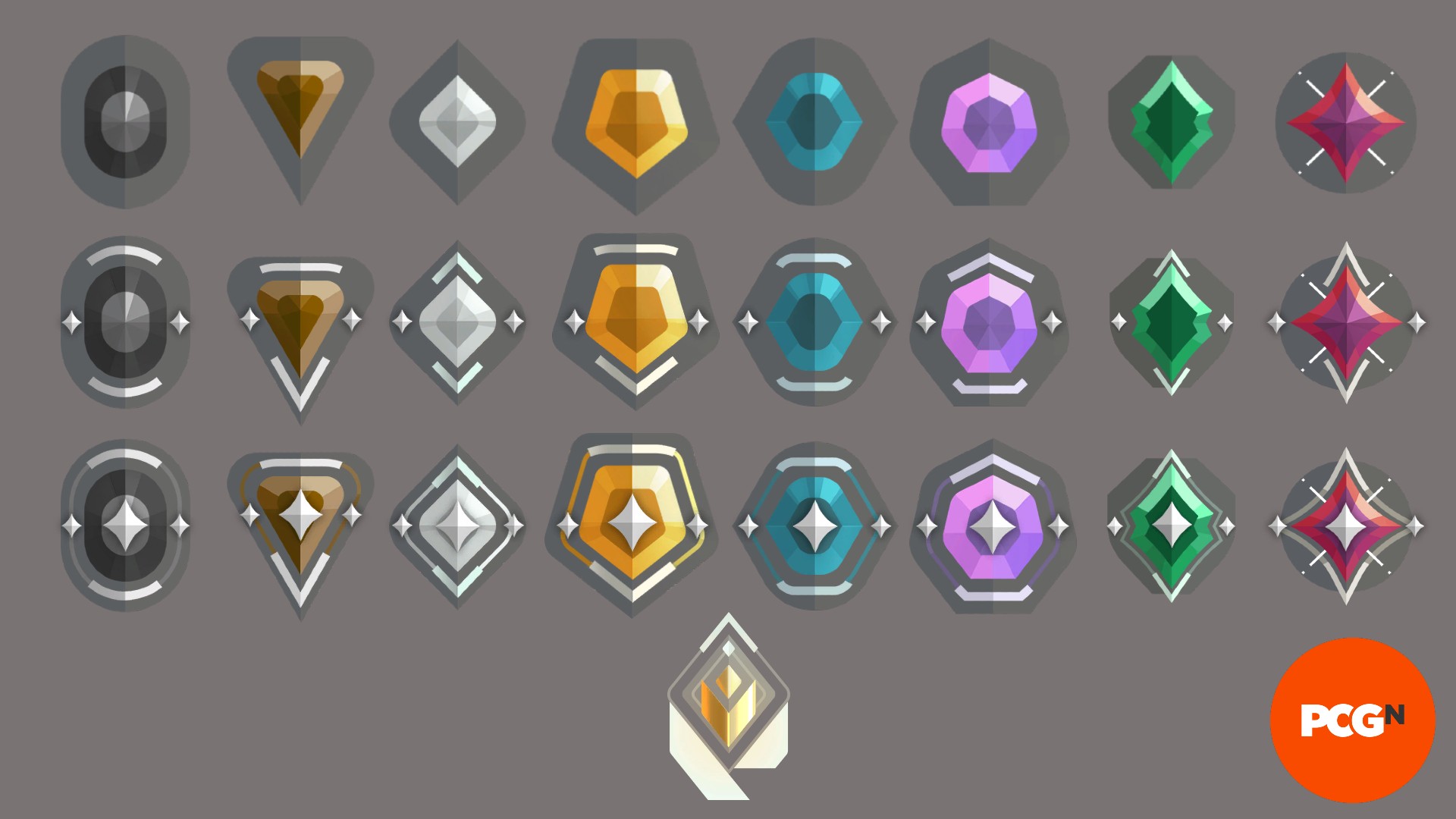 An image with all of the valorant rank icons available in the game
