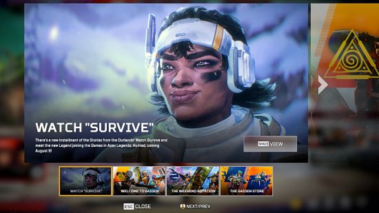 Apex Legends client screenshot showing a Survive trailer featuring a woman in a white headset with black face camo lines