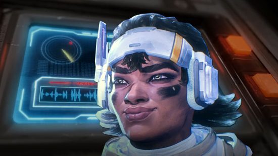 Apex Legends Vantage - a woman in a white headset in front of a monitor displaying audio files being transmitted