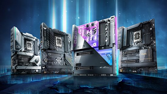 A range of Asus Z690 motherboards stand upright against a blue background, they will all support Intel Raptor Lake via a BIOS update