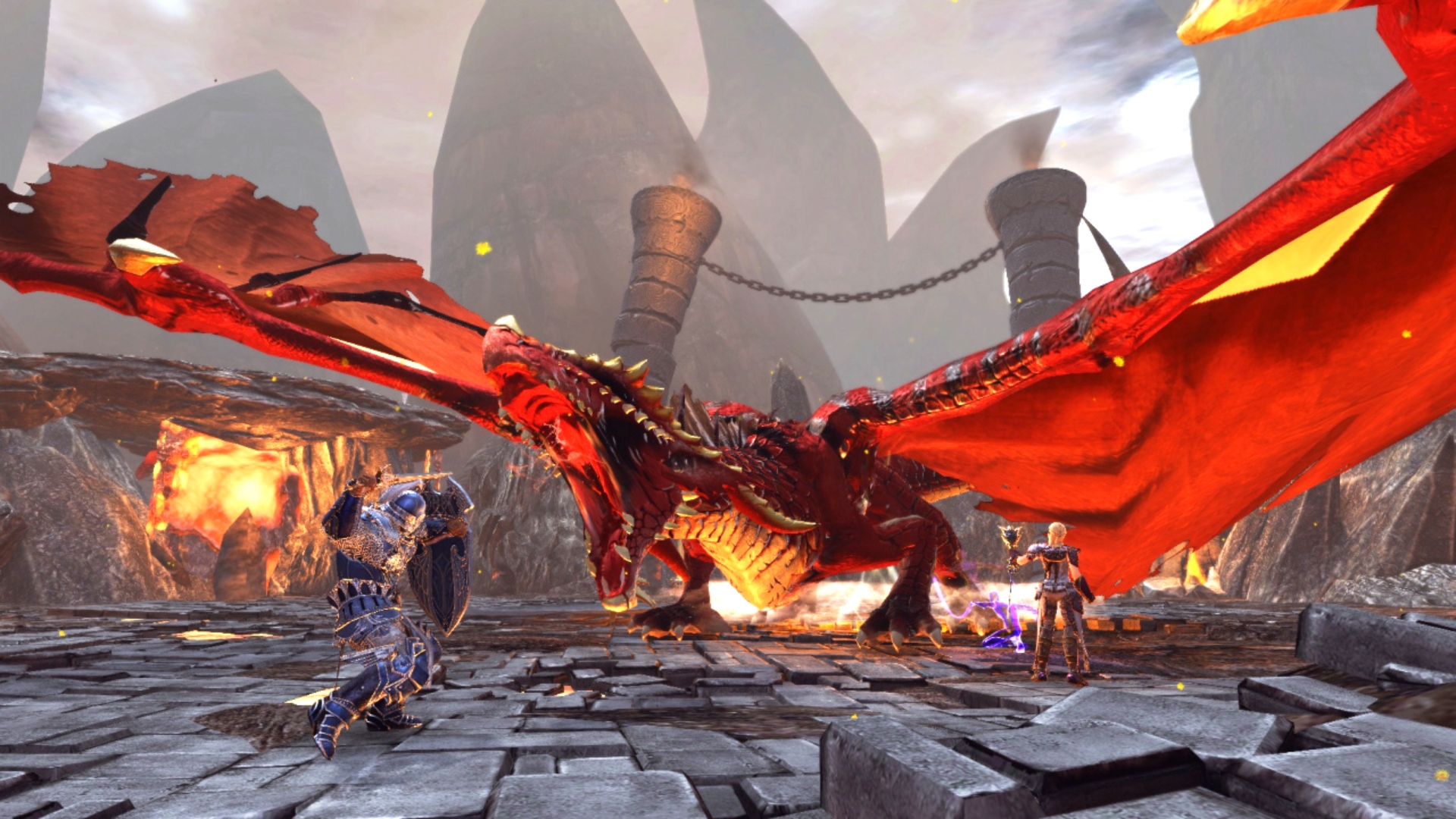 Best dragon games: Neverwinter. Image shows a fight with a red dragon.