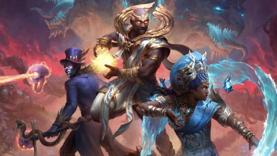 Best free Steam games: Three playable gods of Smite - Baron Samedi, Olorun, and Yemoja, face off against a horde of enemies, including Cerberus