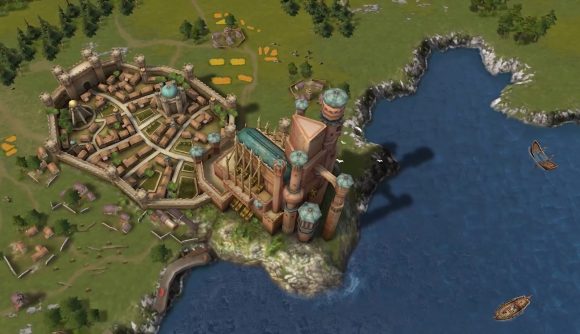 Best city-building games: Game of Thrones: Winter is Coming. Image shows a fantastical city beside a river.