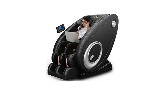 Comfortable gaming chair, a Bilitok massage chair with a person sitting in it.