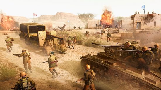 German forces in WW2 North Africa advance past a village in Company of Heroes 3