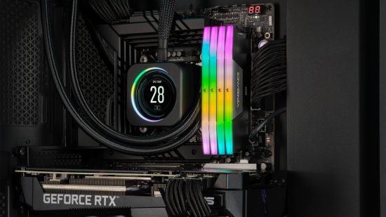 Corsair Vengeance RGB DDR5 gaming RAM sat inside a gaming PC, with an AIO cooler to its left and GeForce RTX GPU below it