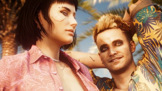Dad clothes mod for Cyberpunk 2077: A feminine and a masculine V show off tropical-patterned shirts on a sunny day