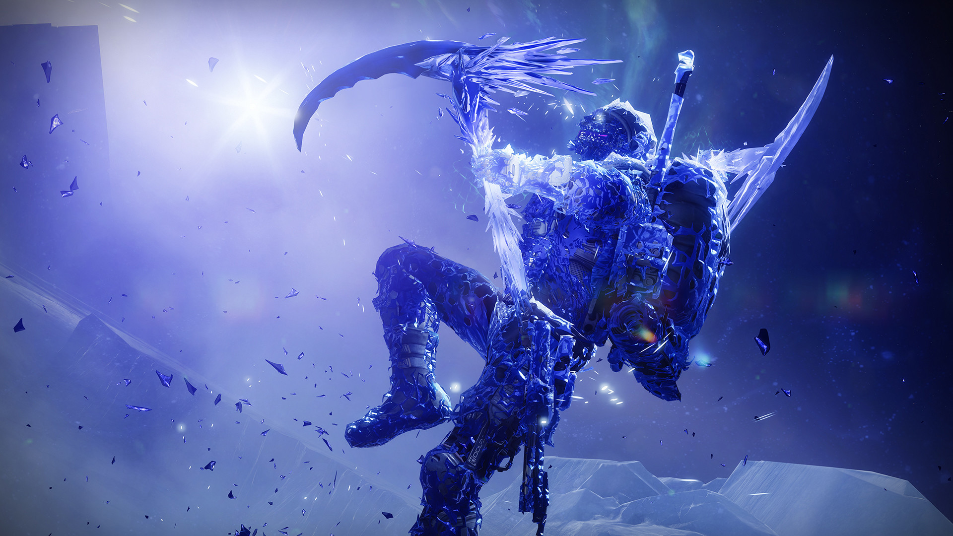 Destiny 2 best settings: A Guardian hangs in the air, armed with a icy scythe, ready to strike down their foes