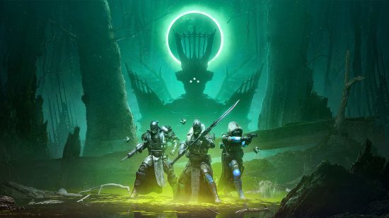 Destiny 2 system requirements: Three Guardians stand ready to fight the Witch Queen, who stalks them menacingly