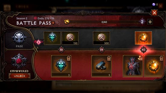 Diablo Immortal season two battle pass - level 38 to 40 rewards