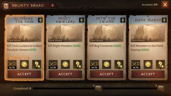 Diablo Immortal Charms: An overview of the Diablo Immortal bounty board, with four requests to kill various Diablo Immortal creatures for XP, currency, and a random item.