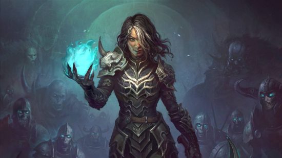 Diablo Immortal change class: a Necromancer with bone armour, holding blue flames in her right hand. Several undead minions are behind her.