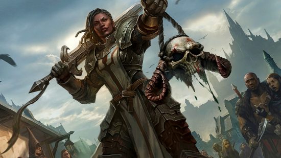Diablo Immortal - a crusader holds up a monster skull