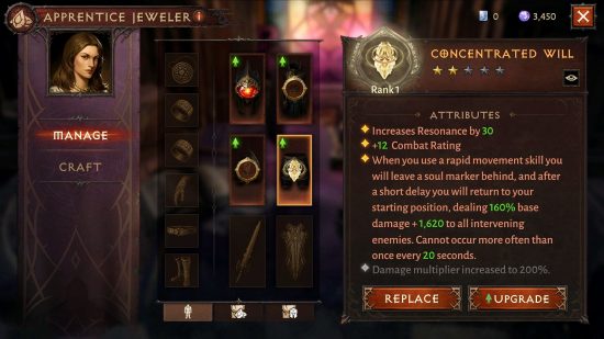 Diablo Immortal Legendary Gems: The menu panel for the Apprentice Jeweler, displaying an overview of the current Legendary Gems equipped. The 5-Star Legendary Gem, Concentrated Will, is equipped in the Legs primary slot.