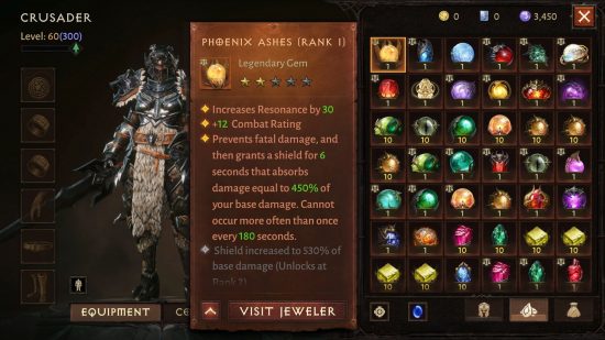 Diablo Immortal Legendary Gems: The equipment menu for a Level 60 Crusader, with the 5-Star Legendary Gem, Phoenix Ashes, selected from the inventory.