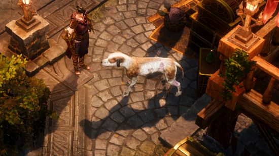 Diablo Immortal players just want to pet a dog - a monk stands in front of a tattered-looking dog in Westmarch