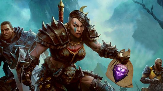 Diablo Immortal player count reaches 20 million - a female barbarian holds a sack with a legendary crest on it, looking crestfallen