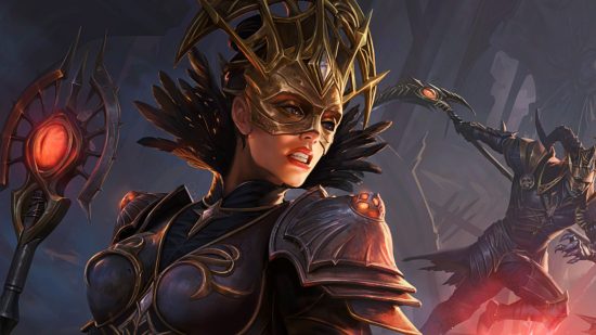Diablo Immortal - a lady in an ornate set of armour and headdress with a glowing staff grits her teeth in anger