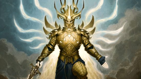 Diablo Immortal Shadow War: A Diablo Immortal Immortal stands in a full set of golden armour, hands outstretched, with wings and a cloak made of smoke spread out behind them.