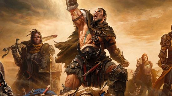 Diablo Immortal Shadow War: A Barbarian from the Diablo Immortal Shadow clan stands victorious over his fallen foe, arm raised in triumph as the rest of his group surround him