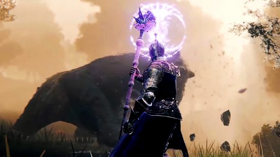 Elden Ring mod adds classic RPG classes - a sorcerer casts a spell before a mighty runebear