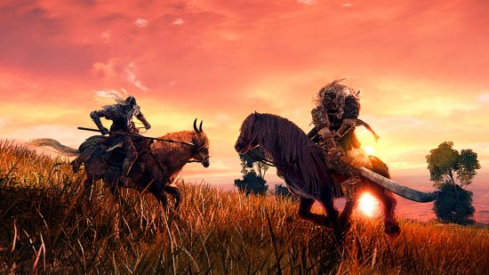 Elden Ring PvP - two figures on horseback bearing weapons ride towards each other in a field of long grass
