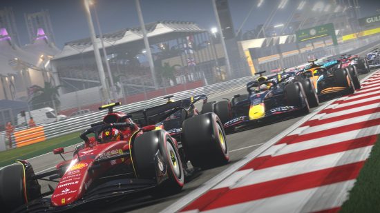 F1 22 Bahrain setup: The Ferrari leading a Red Bull and McLaren during a night race