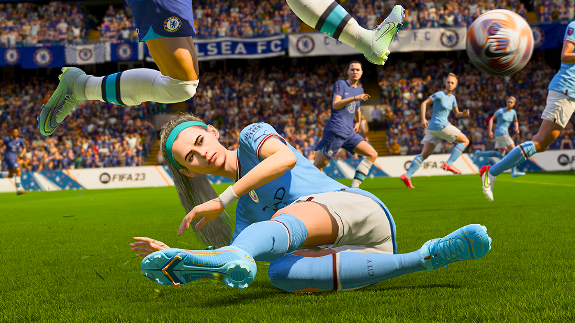 Fifa 23 system requirements: Virtual player leaping for ball with slide tackling on pitch