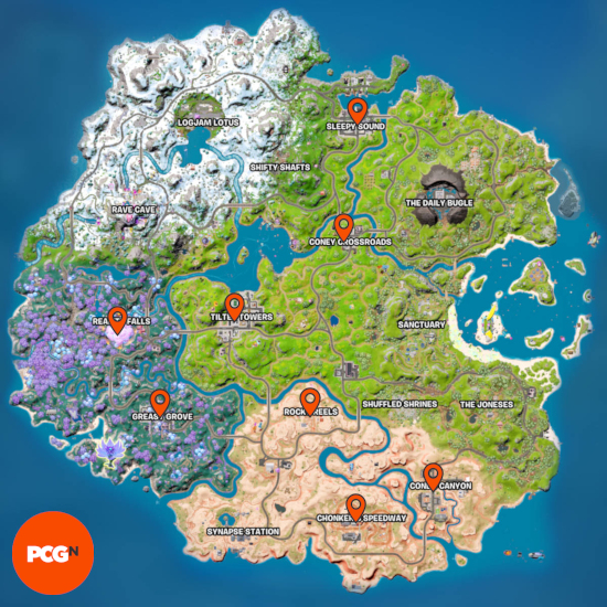 Fortnite coolest player: orange pins showing where you can find mirrors on the island.
