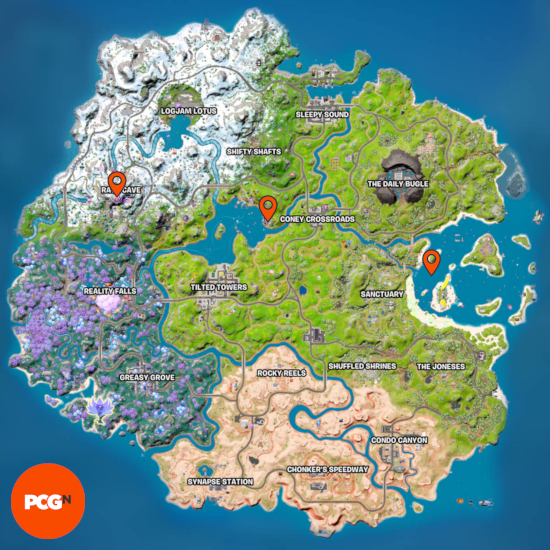 Emplacements des pistes de danse Fortnite : une carte avec des épingles orange montrant les trois endroits où vous pouvez trouver des pistes de danse sur l'île.