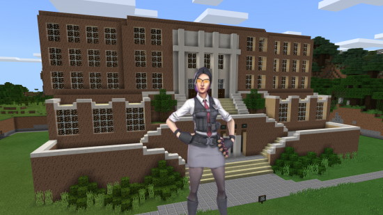 A Fortnite teacher in front of a Minecraft school