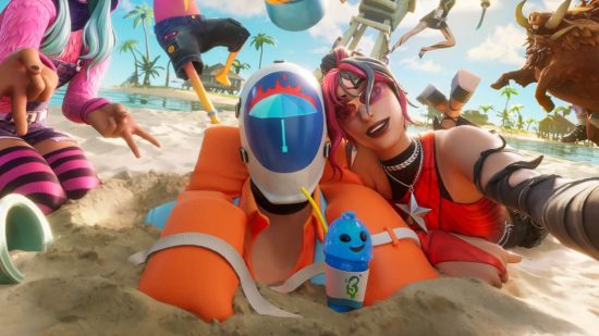 A focus of the Fortnite No Sweat Summer image showing off two characters in the sand with a Peely slushie