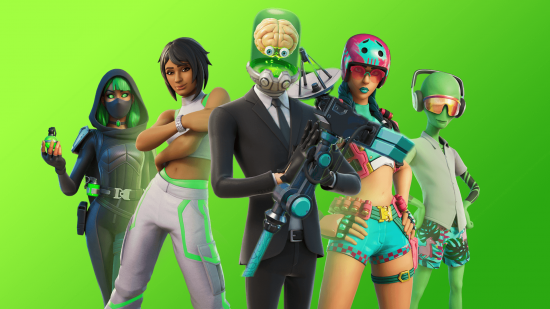 Fortnite and NVIDIA Gefore Now have put out an image of five characters on a green background and this has the Dish-stroyer Pickaxe in front