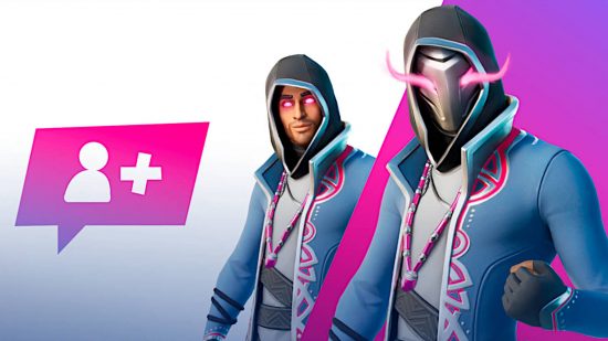 Fortnite refer a friend: the Xander skin with both the mask on and mask off variants, alongside a speech bubble with a person icon and a plus sign on it.
