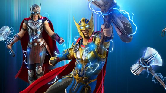 Shows the new Fortnite Thor skins with Thor Odinson in the centre and Mighty Thor on the left